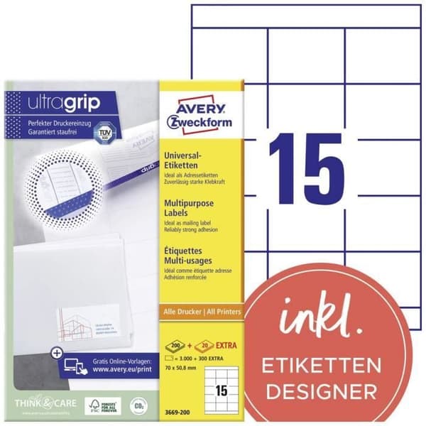 Avery-Zweckform 3669-200 70 x 50,8 mm vitt papper 3300 st permanent Universal laseretiketter 220 ark DIN A