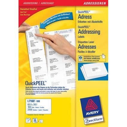Laseretiketter - AVERY - L7160-250 - 5250 etiketter - 63,5x38,1 mm - Vit