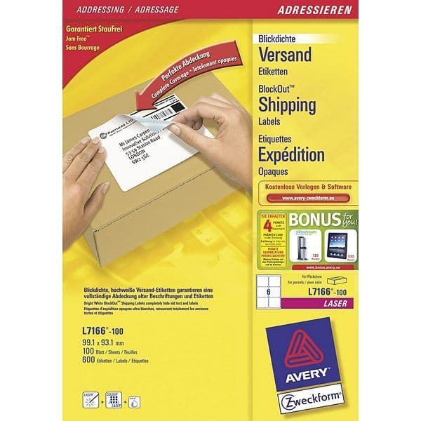 Laseretiketter - AVERY - L7166-100 - 600 Etiketter - 99,1 x 93,1 mm - Vit