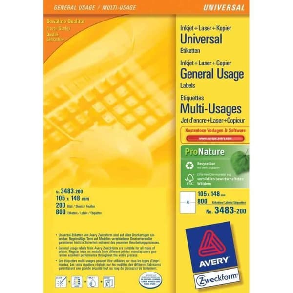 Universaletiketter - AVERY - QuickPEEL - 70 x 37 mm - Vit - FSC-certifierad
