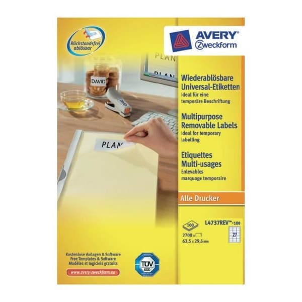 Flerfunktionsetiketter - AVERY - L4737REV-100 - 2700 etiketter - Vit - Flytbar