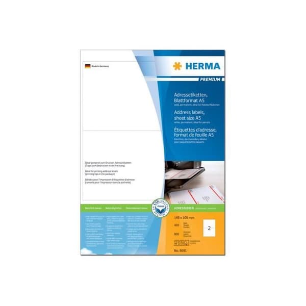 HERMA Special - Adressetiketter - matt - självhäftande - vit - 148 x 105 mm 800 etikett(er) (400 ark(ar) x 2)