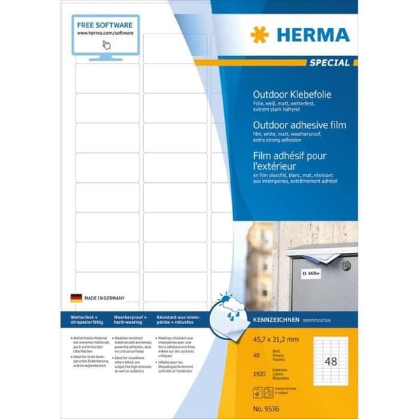 HERMA väderbeständig självhäftande filmetiketter utomhus (45,7 x 21,2 mm enligt DIN A4, självhäftande film)
