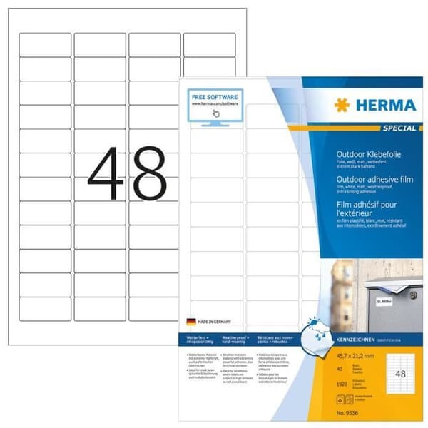 HERMA väderbeständig självhäftande filmetiketter utomhus (45,7 x 21,2 mm enligt DIN A4, självhäftande film)