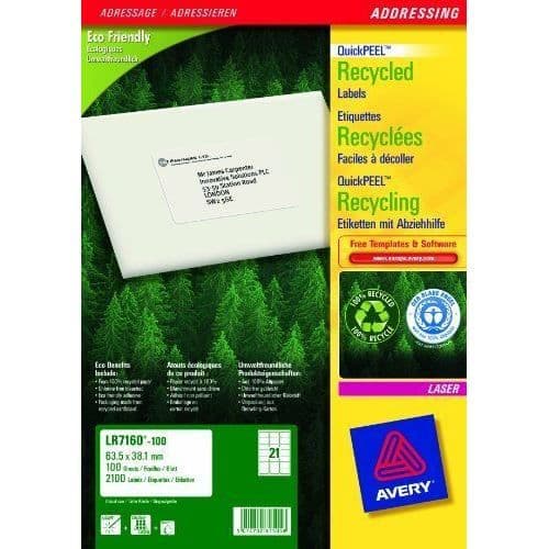 Lasertaggar - Avery - LR7160-100 - 2100 taggar - 63,5 x 38,1 mm - Vit - Återvunna