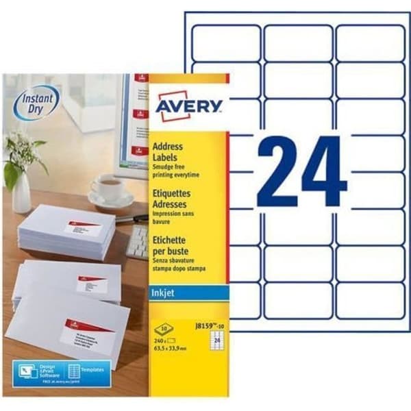 AVERY - 240 självhäftande etiketter ''Montimbrenligne'' (63,5x33,9 mm) utskrivbara. Bläckstråleutskrift. J8159-10