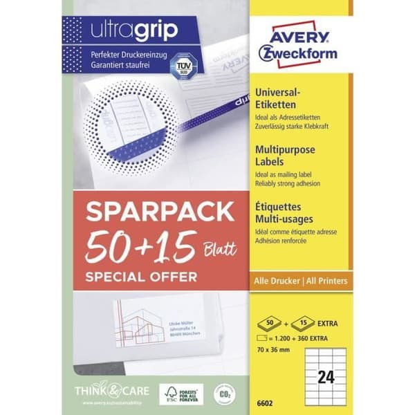 Avery-Zweckform 6602 70 x 36 mm vitt papper 1560 st permanent Universal laseretikett 65 ark DIN A4