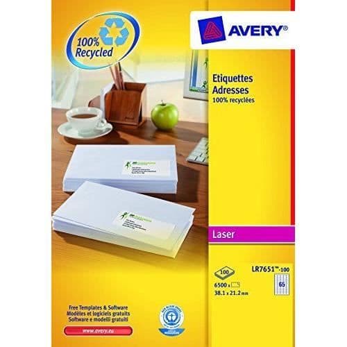 AVERY - (LR7651-100) - 6500 självhäftande etiketter 38,1 x 21,2 mm 100 % återvunnen