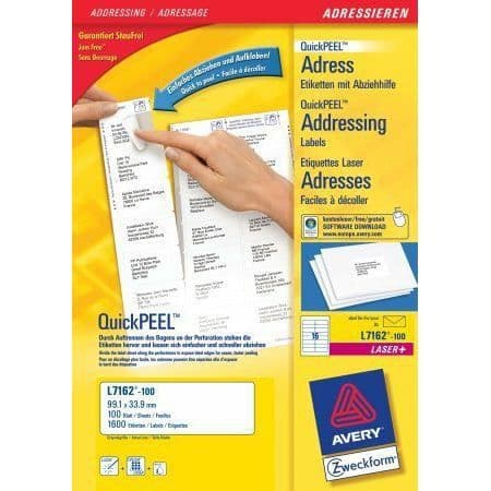 Laseretiketter - AVERY - L7162 - 1600 etiketter - 99,1 x 33,9 mm - Vit
