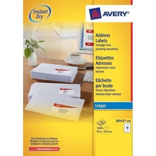 Avery P/N J8162 Adressetiketter Instant Dry Inkjet 99,1 mm x 33,9 mm Vit 16 Etiketter/Sheet 1600...