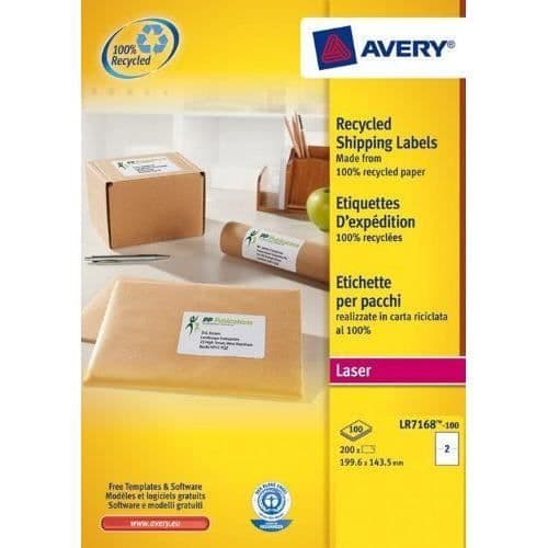 AVERY - LR7168-100 - 200 Anpassningsbara 100 % återvunna självhäftande vita fraktetiketter. 99,6 x 143,5 mm. Trött intryck...