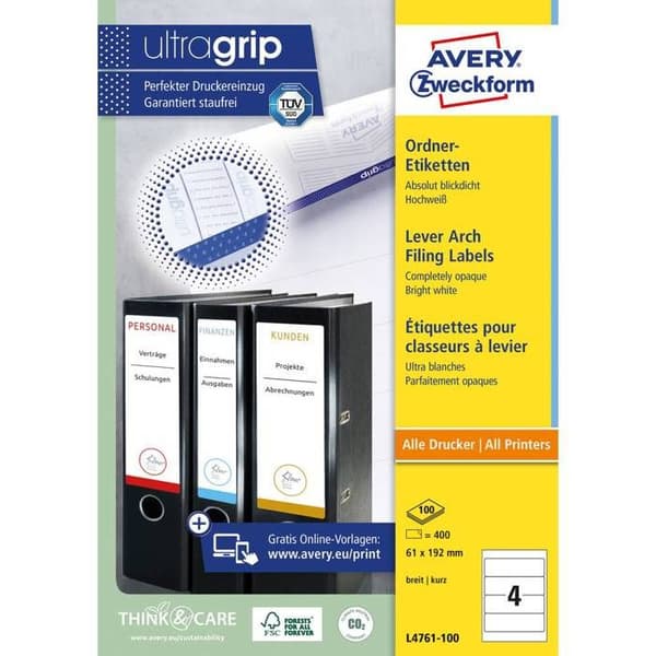 Klassifikationsetiketter - Avery Zweckform - L4761-100 - 100 ark - 192 x 61 mm - Vit
