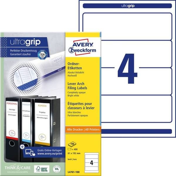 Klassifikationsetiketter - Avery Zweckform - L4761-100 - 100 ark - 192 x 61 mm - Vit