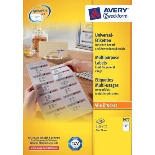 Universella Etiketter - Avery Zweckform - 3670 - 64 x 36 mm - Laserskrivare och Bläckstråleskrivare - Vit