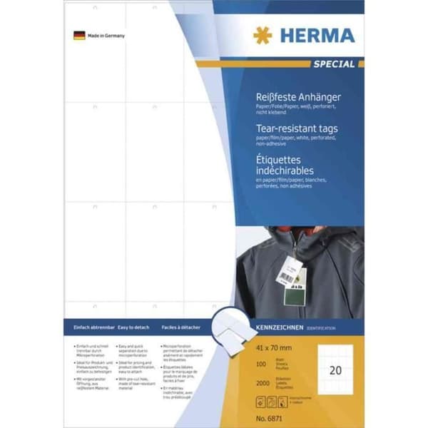 Hängetikett - HERMA - 70 x 41 mm - Vit - Rivsäker - Mikroperforerad