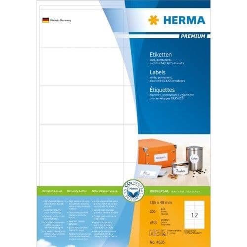 Självhäftande etikett - HERMA - 4635 - 105 x 48 mm - Färg Vit - 2400 etiketter per förpackning