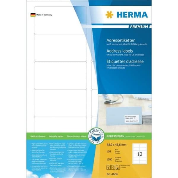Adressetiketter - HERMA - 46661200 - Självhäftande A4 - 1200 stycken - Återvunnen vit