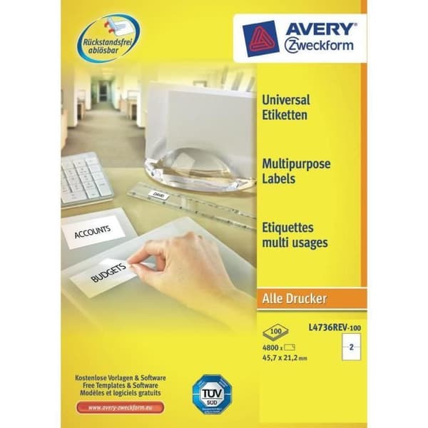 Flerfunktionsetiketter - AVERY - L4736REV-100 - 4800 etiketter - Vit - Flytbar