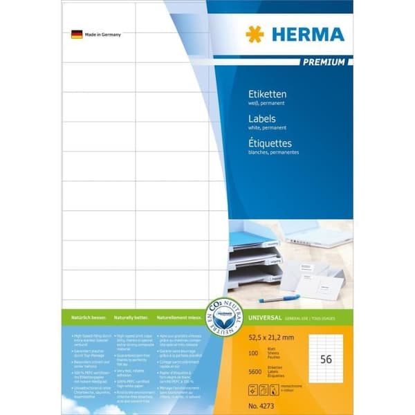 PREMIUM universaletiketter - HERMA - 52,5 x 21,2 mm - Självhäftande - Permanent vidhäftning - PEFC-certifierad