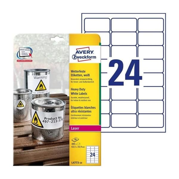 Avery Heavy Duty Laseretiketter Polyester 63,5 x 33,9 mm 480 etikett(er) (20 ark(ar) x 24) etiketter