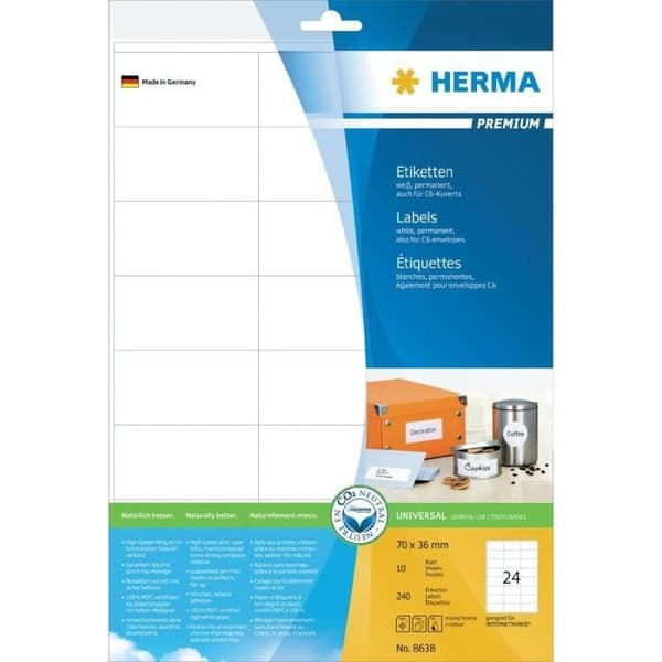 Etiketter - HERMA - 8638 - 70 x 36 mm - Vit - 240 stycken - Självhäftande