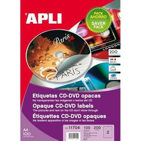 CD/DVD Etiketter - APLI - 200 Etiketter - Ø 117 mm - Heltäckande - Vit