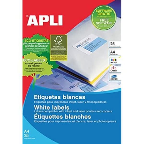 Etiketter för Skrivare - APLI - 63,5 x 38,1 mm - Permanent Klistermärke - Paket med 25 Ark - Vit
