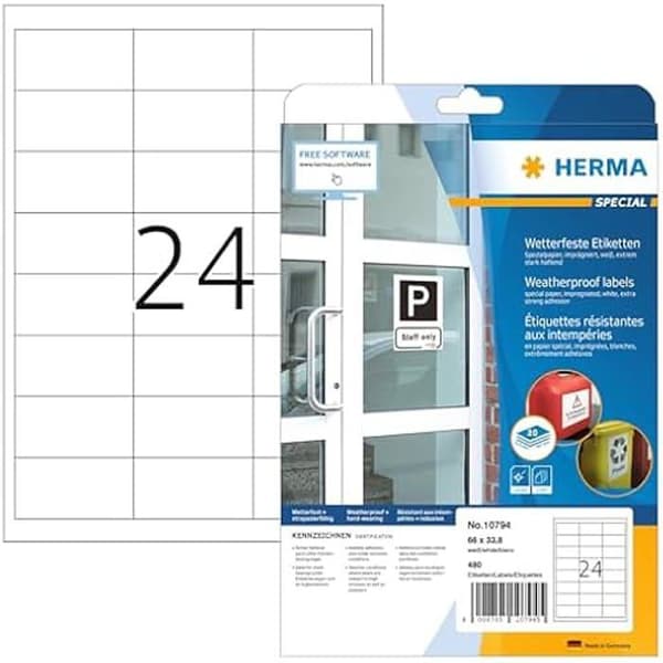 Vattentäta etiketter - HERMA - 10794 - 66 x 33,8 mm - 480 stycken - A4 klistermärken