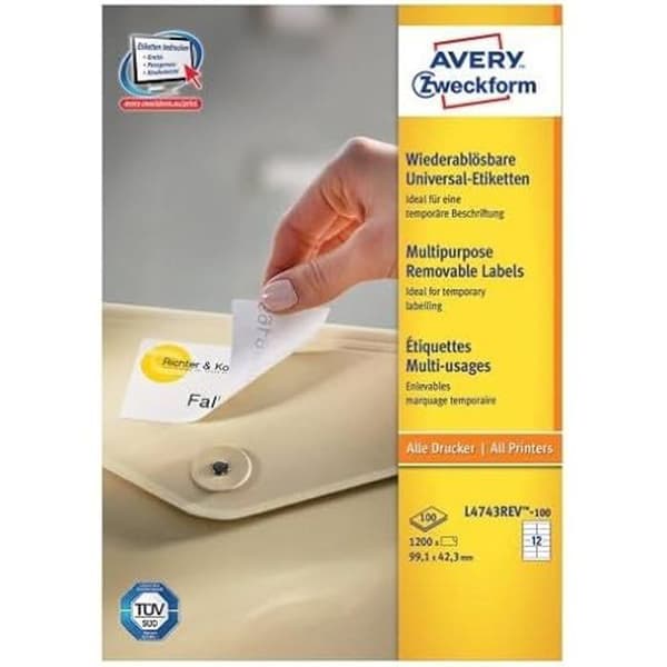 Universella etiketter - AVERY ZWECKFORM - L4743REV-100 - 1200 etiketter - 99,1 x 42,3 mm - Återanvändbara