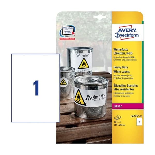 Avery Heavy Duty Laseretiketter Polyester A4 (210 x 297 mm) 20 enheter (20 ark x 1) etiketter