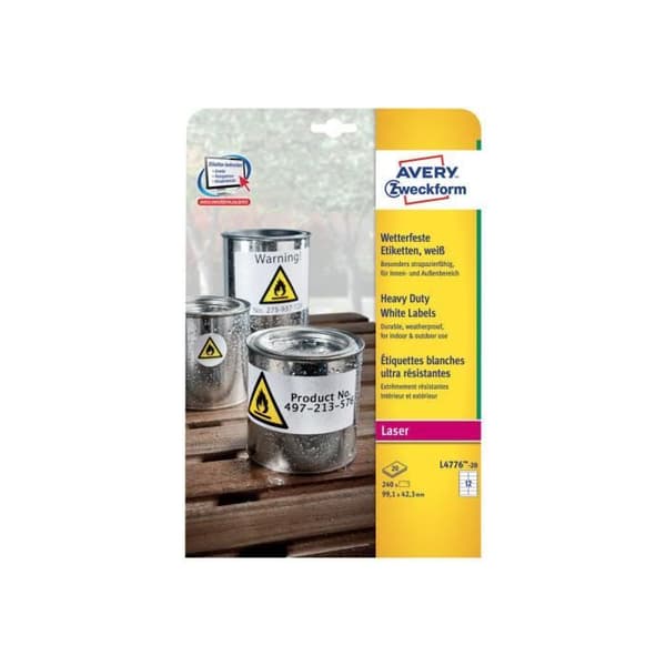Avery Heavy Duty Laseretiketter Polyester vit 99,1 x 42,3 mm 240 etikett(er) (20 ark(ar) x 12) etiketter