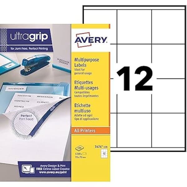 Multianvändningsetiketter - AVERY - 1200 UltraGrip-etiketter - 70 x 70 mm - Laser- och bläckstråleskrift