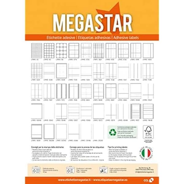 Megastar självhäftande etiketter utan marginaler för kopieringsmaskiner Vit A4 70 x 25 mm matt lp4ms-7025
