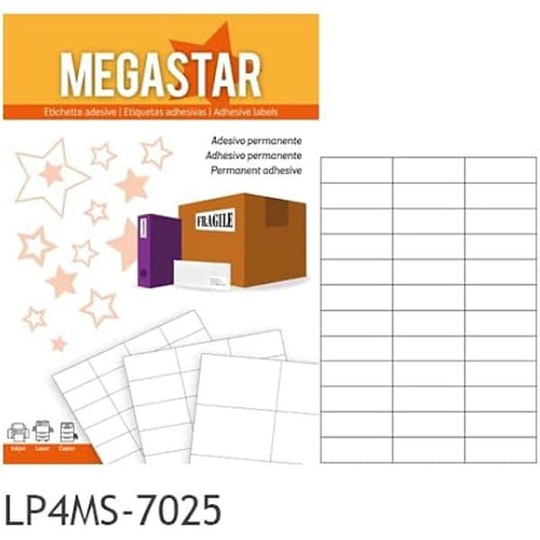 Megastar självhäftande etiketter utan marginaler för kopieringsmaskiner Vit A4 70 x 25 mm matt lp4ms-7025