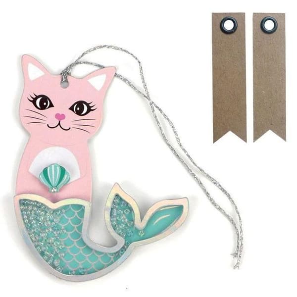 2 st 3D shaker taggar Mermaid cat + 20 st kraftetiketter