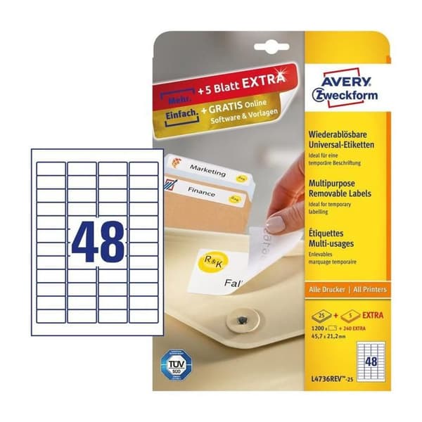 Avery Avtagbar självhäftande vit 45,7 x 21,2 mm 1200 etikett(er) (25 ark(ar) x 48) etiketter