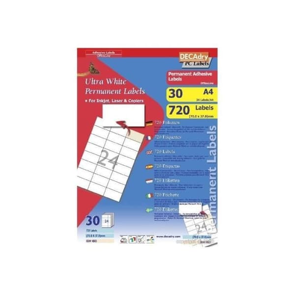 DECAdry Officeline Ultravitt permanent lim 37 x 70 mm 720 etikett(er) (30 ark(ar) x 24) etiketter