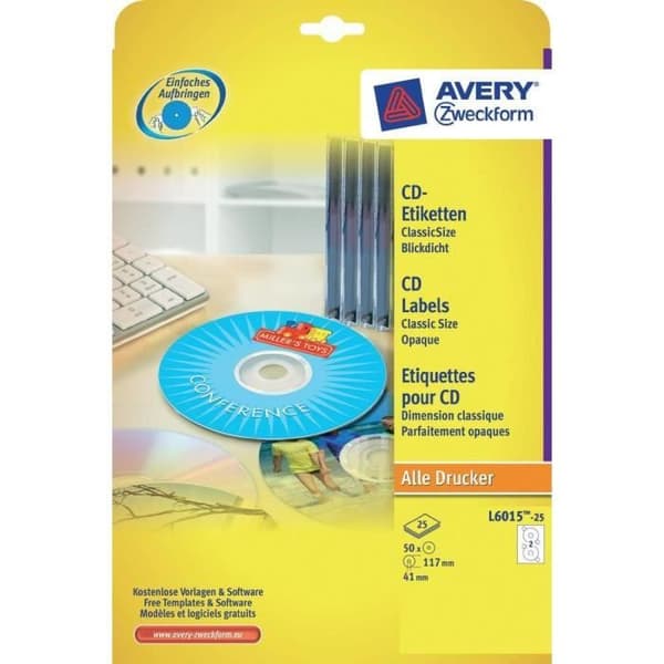 CD-etiketter - AVERY - Klassisk storlek - 50 stycken - Opaquerade vita etiketter - 117 mm x 117 mm