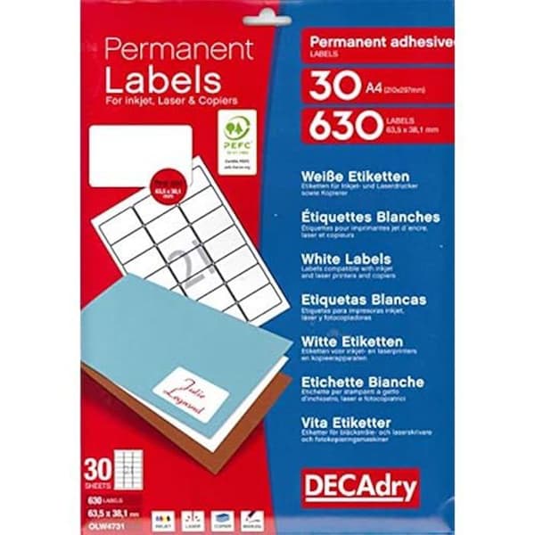 Etikettark - APLI - DECAdry - 630 etiketter - 63,5 x 38,1 mm - Vit