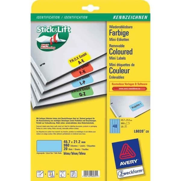 Etiquetter Stick&amp;Lift 38,21,2 mm Blå1300 på 20 F