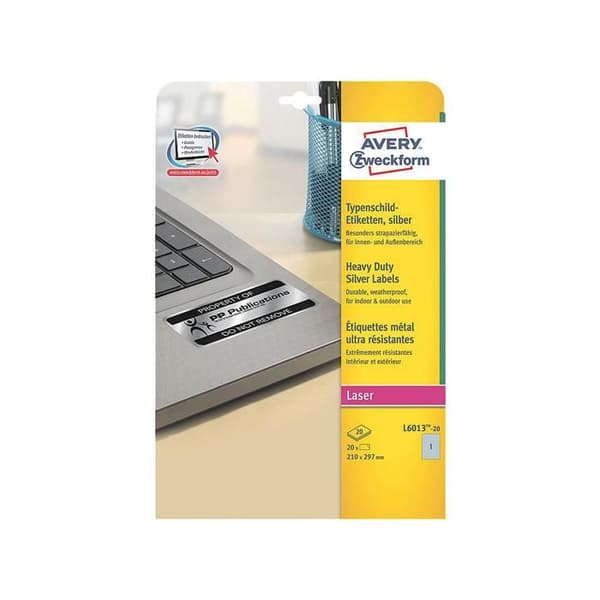 Avery Heavy Duty Laseretiketter Polyestersilveretiketter A4 (210 x 297 mm) 20 enheter (20 ark(ar) x 1)