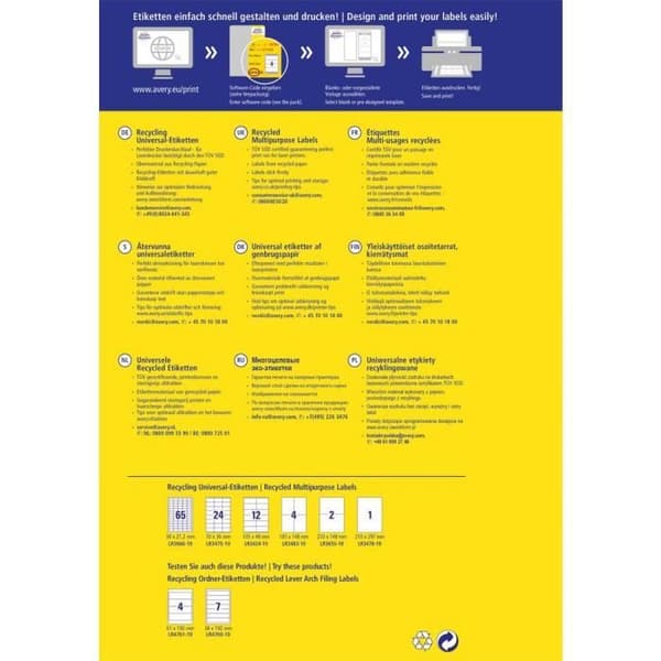 Avery-Zweckform LR3478-10 Etikett 210 x 297 mm Återvunnet papper Vit 10 st Permanenta Universaletiketter 10 lampor