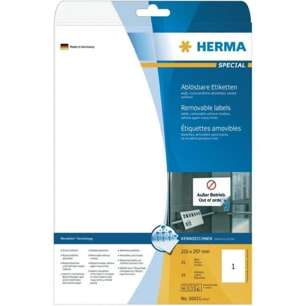 Avtagbara etiketter - HERMA - 210 x 297 mm - Vit - Självhäftande - Repositionerbar