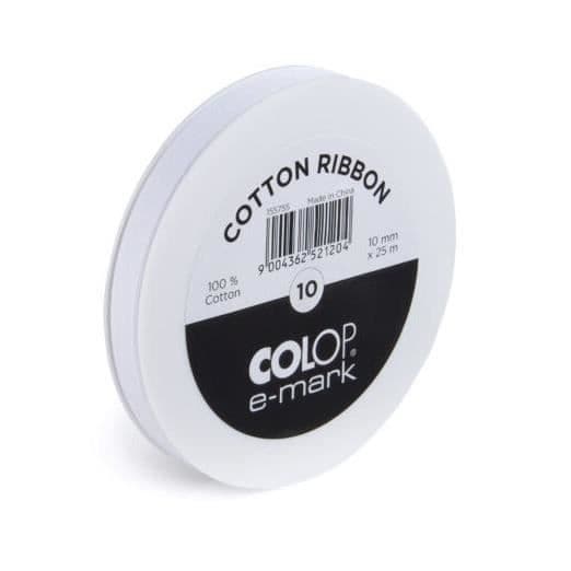 Bomullsband - COLOP - E-MARK - 10 mm x 25 m - Vit - Tryckt med E-märke