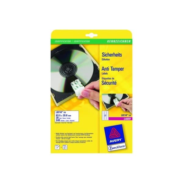 Avery Anti-manipuleringsetikett Vita polymeretiketter 29,6 x 63,5 mm 540 enheter (20 ark x 27)