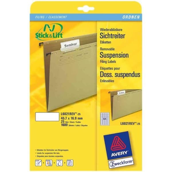 Etiketter för hängmappar - AVERY Zweckform - Stick+Lift - 45,7 x 16,9 mm - 1 600 etiketter - Vit