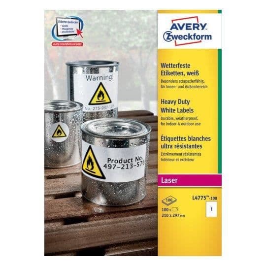 Avery L4775-100, Vit, Rundad rektangel, Permanent, A4, Polyester, Matt
