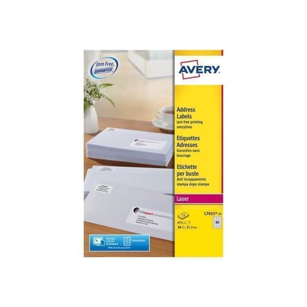 Avery Mini-etiketter Permanent självhäftande vit 38,1 x 21,2 mm 975 etikett(er) (15 ark(ar) x 65) adressetiketter