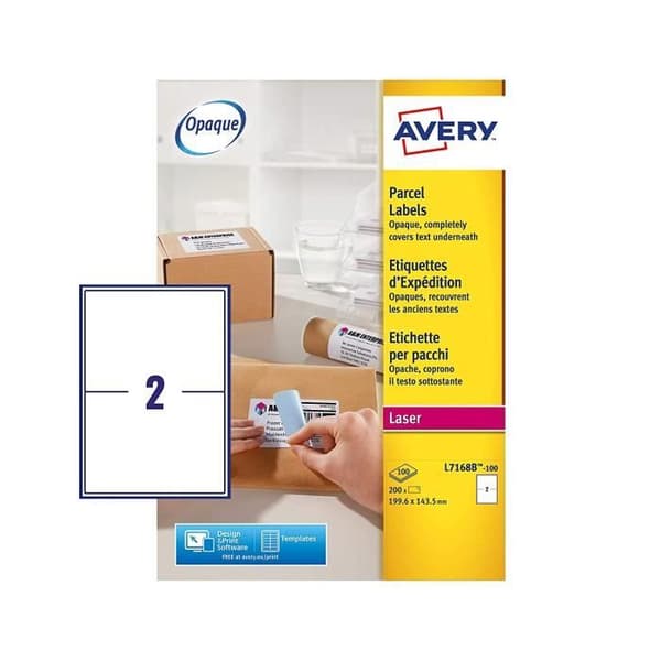 AVERY L7168B självhäftande paketetiketter, laserskrivare, 2 etiketter per A4-ark, 200 pack -