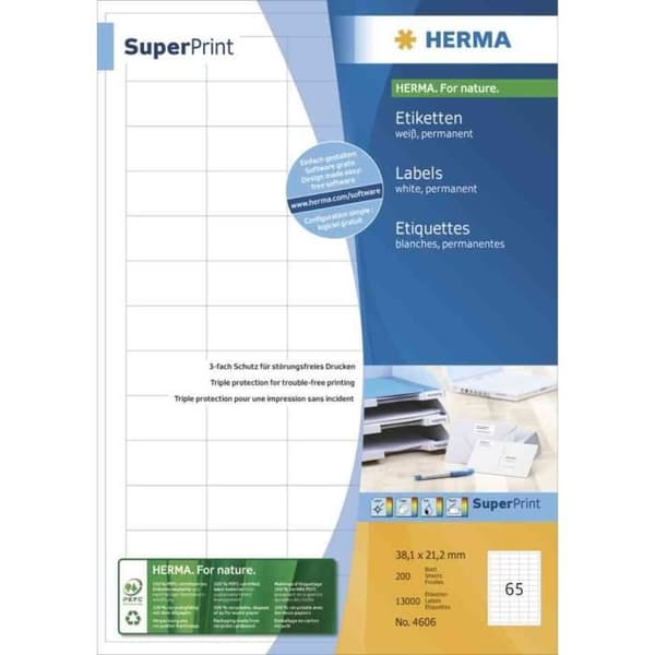 SuperPrint-etiketter - HERMA - 70 x 29,7 mm - Kantlös - Vit - 6000 etiketter på 200 A4-ark